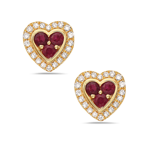 Heart Stud Earrings with Diamonds and Rubies