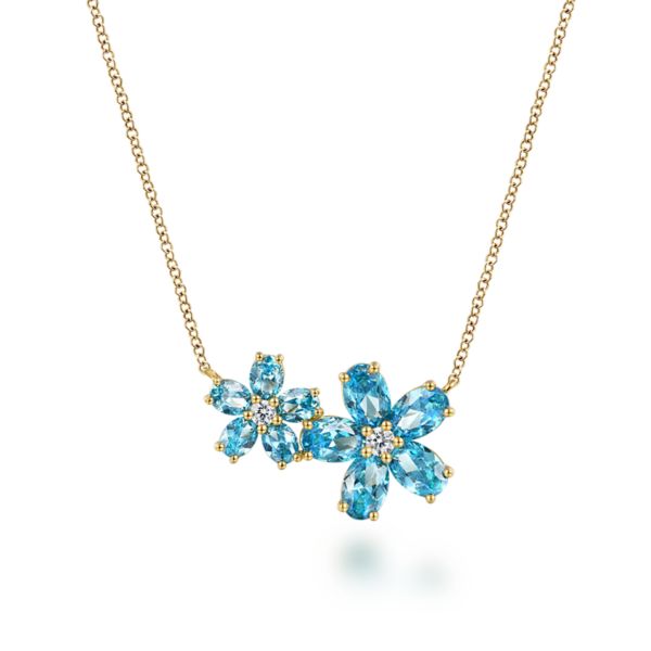 Blue Topaz Flower with Diamonds Necklace