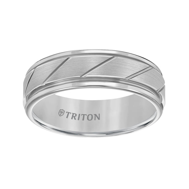 7mm White Tungsten Carbide Flat Satin Finish Center with Bright Diagonal Cuts and Rims Comfort Fit Band