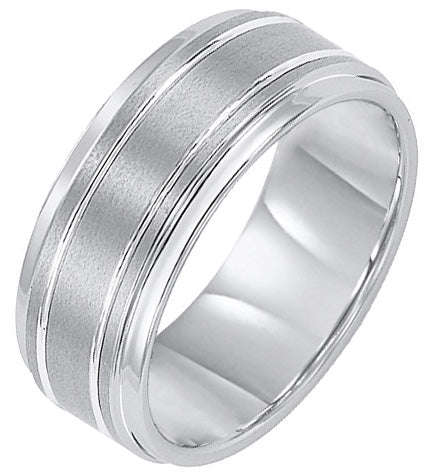 9mm White Tungsten Carbide Bright Polished Step Edge with Center Satin Finish and bright cut parallel lines Comfort Fit Band