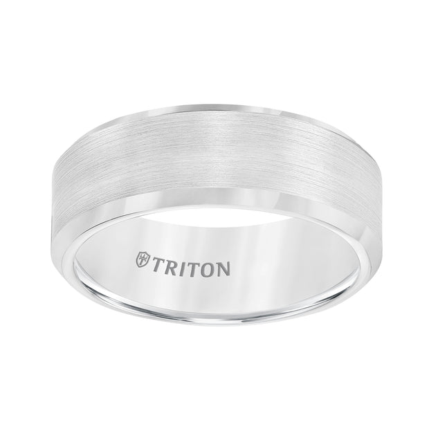 8mm Bevel Edge White Tungsten Carbide Comfort Fit Band with Satin Finish Center and Bright Polished Edge