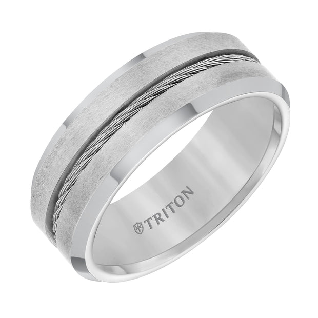 8mm Tungsten carbide Brush Finish With Bright Bevel Edge Comfort Fit Band with Center Steel Cable Inlay