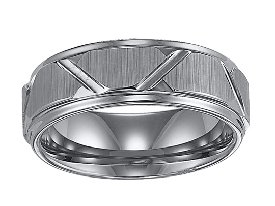 8mm Black Tungsten Carbide Step Edge Comfort Fit Band with Vertical Satin Finish and Bright Edges and Cuts