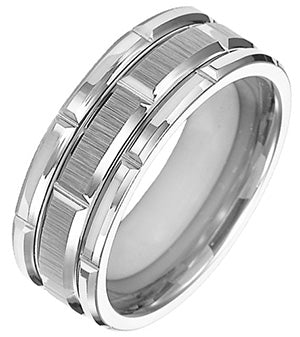 8mm Black Tungsten Carbide Bevel Edge Comfort Fit Band with Vertical Satin Finish Center and Bright Edges and Cuts
