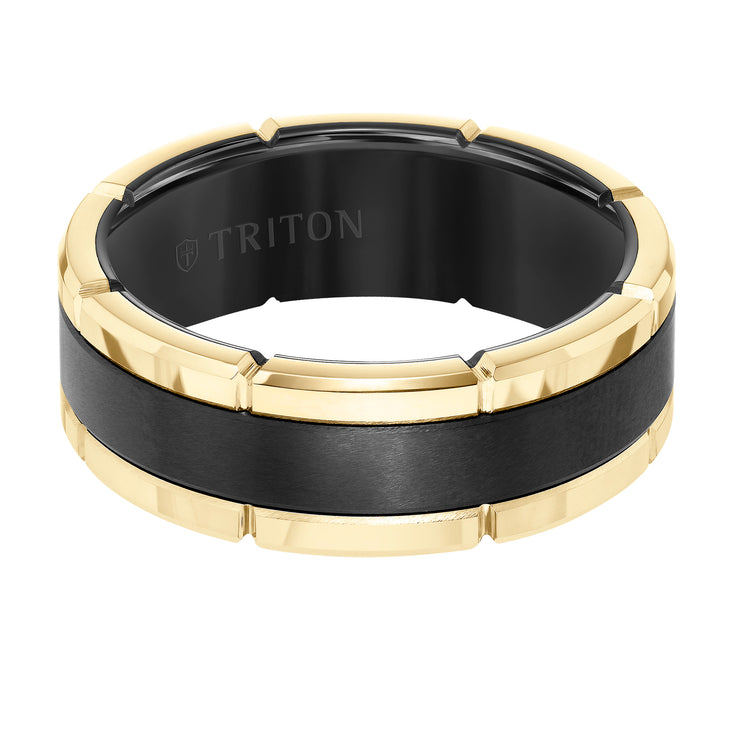 8MM Black Tungsten Carbide Flat Comfort Fit Band W/Brush Center &Rose Rims