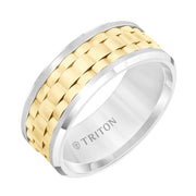 9MM White Tungsten Carbide Flat Comfort Fit Band with Yellow Basket Weave Center and Flat Rims