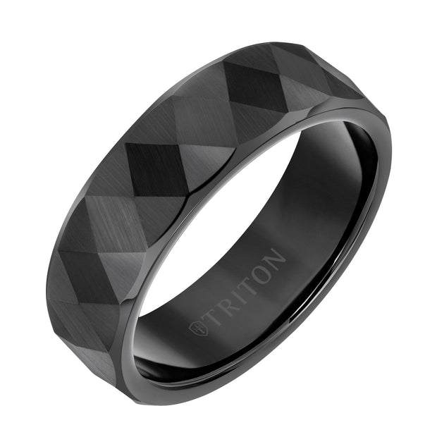 7mm White Tungsten Band with Faceted Diamond Pattern
