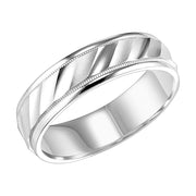 Mens wedding band with diagonal cuts, bright and  satin finish with milgrain accent and round edges with flat profile