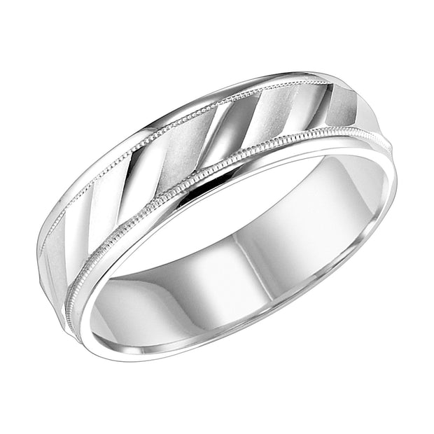 Mens wedding band with diagonal cuts, bright and  satin finish with milgrain accent and round edges with flat profile