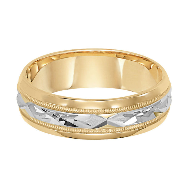 Mens wedding band with diamond cut engraved finish, milgrain accent with bevel edges low dome profile