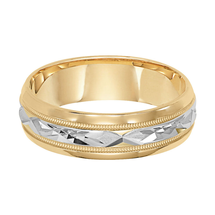 Mens wedding band with diamond cut engraved finish, milgrain accent with bevel edges low dome profile