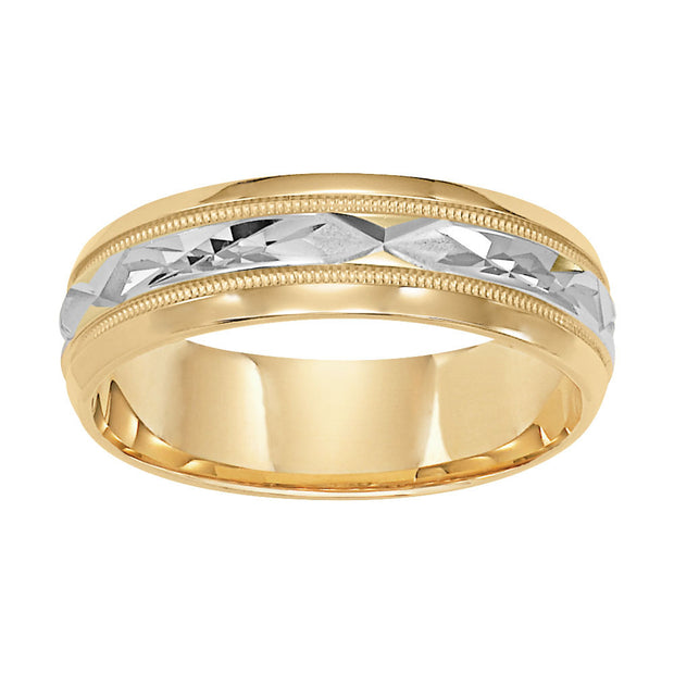 Mens wedding band with diamond cut engraved finish, milgrain accent with bevel edges low dome profile