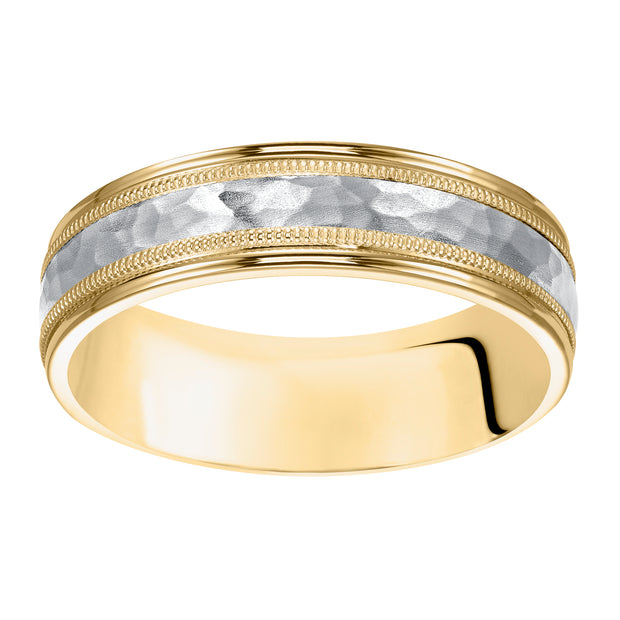 Comfort fit two tone wedding band with brushed hammered finish and milgrain Please note hand hammered styles will have slight variations due to the nature of the manufacturing process