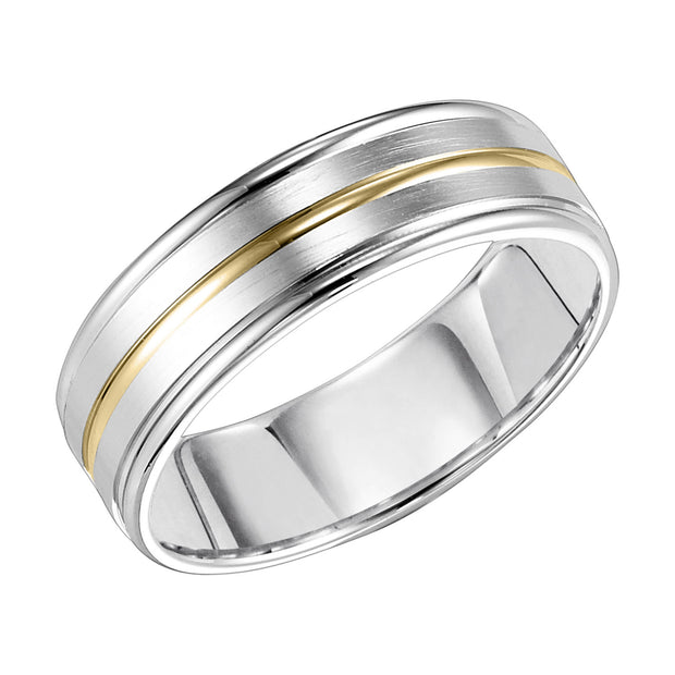 Sleek lines inspired the design of this two-tone gold, Comfort Fit wedding band enhanced with a brushed finish and round edges to complete the look