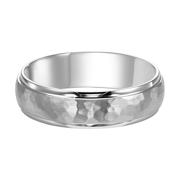 Mens wedding band with hammer  satin finish and round edges with dome profile Please note hand hammered styles will have slight variations due to the nature of the manufacturing process