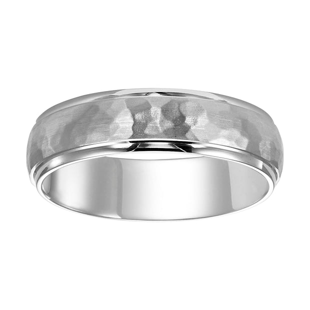 Mens wedding band with hammer  satin finish and round edges with dome profile Please note hand hammered styles will have slight variations due to the nature of the manufacturing process