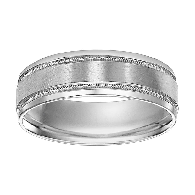 Mens wedding band with satin finish, milgrain accent and bevel edges with flat profile
