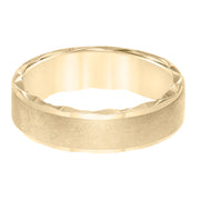 Mens wedding band with ultra satin finish bevel edge, side swiss cuts treatment and flat profile.