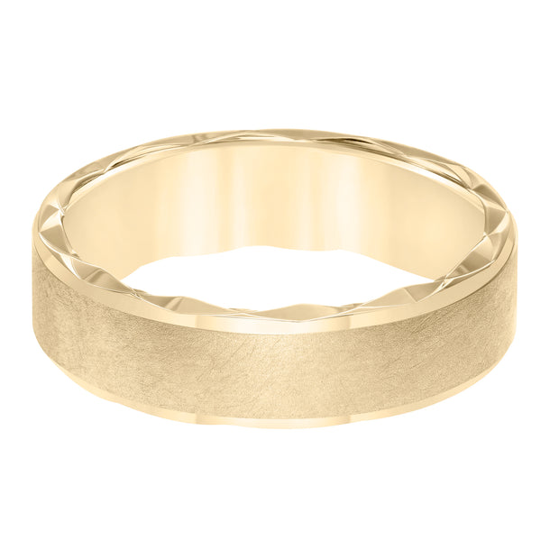 Mens wedding band with ultra satin finish bevel edge, side swiss cuts treatment and flat profile.
