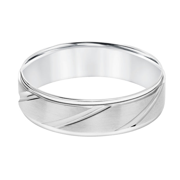 Mens Wedding Band with Brush Finish and Polished Diagional Cuts and Polished Round Edge