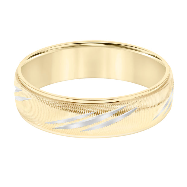 Mens Wedding Band with Vertical Fine Line Finish and Diagional Swiss Cuts and Round Edge