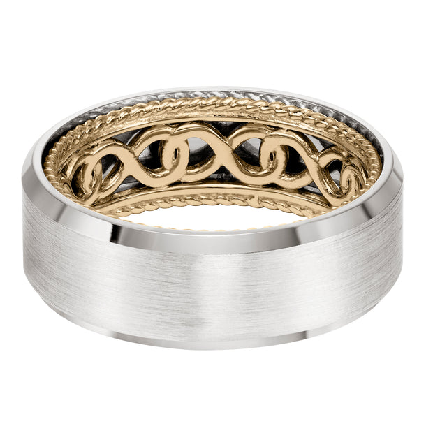Mens Wedding Band with infinity pattern with rope edge inside and flat profile with bevel edge. Available in multiple white, yellow and rose gold color combinations.