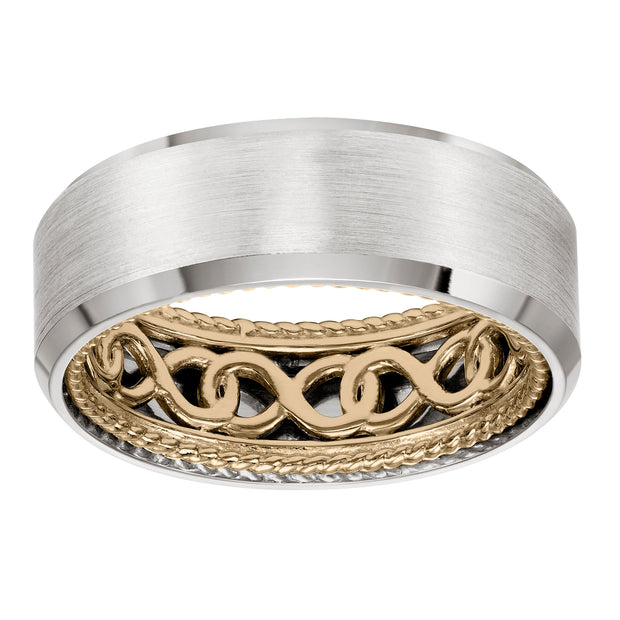 Mens Wedding Band with infinity pattern with rope edge inside and flat profile with bevel edge. Available in multiple white, yellow and rose gold color combinations.