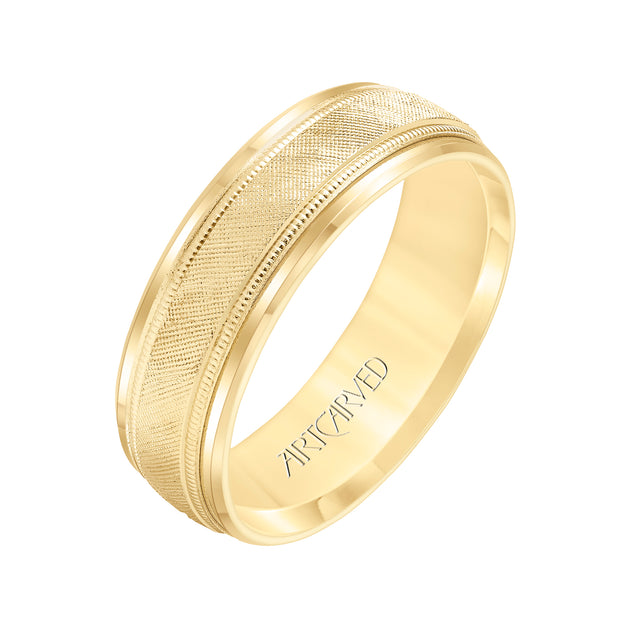 Comfort Fit, engraved wedding band with textured design, milgrain and beveled edges