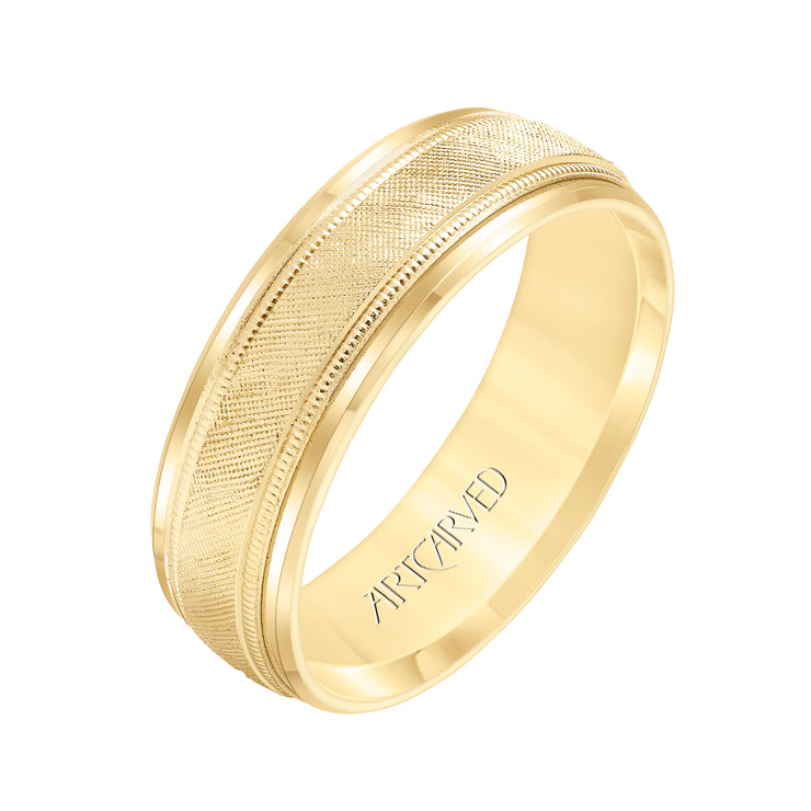 Comfort Fit, engraved wedding band with textured design, milgrain and beveled edges