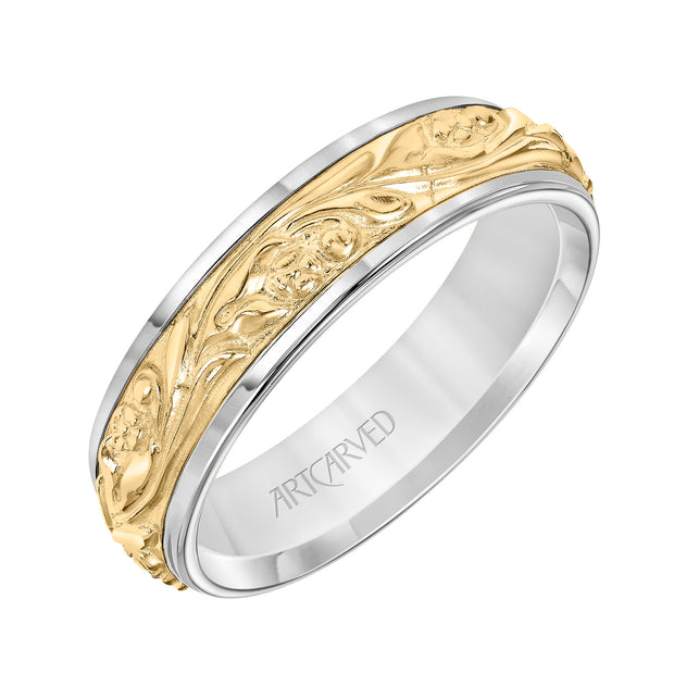Comfort Fit, engraved wedding band with intricate scroll design and rolled edges