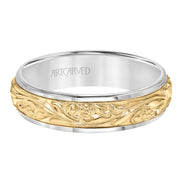 Comfort Fit, engraved wedding band with intricate scroll design and rolled edges