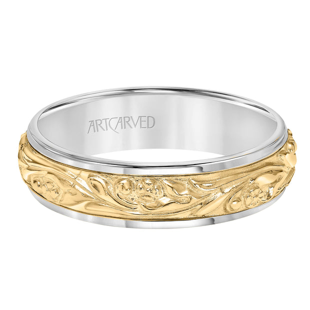 Comfort Fit, engraved wedding band with intricate scroll design and rolled edges