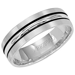 Comfort Fit wedding band with modern black linear design, brushed finish and rolled edges