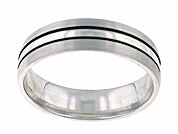 Comfort Fit wedding band with modern black linear design, brushed finish and rolled edges