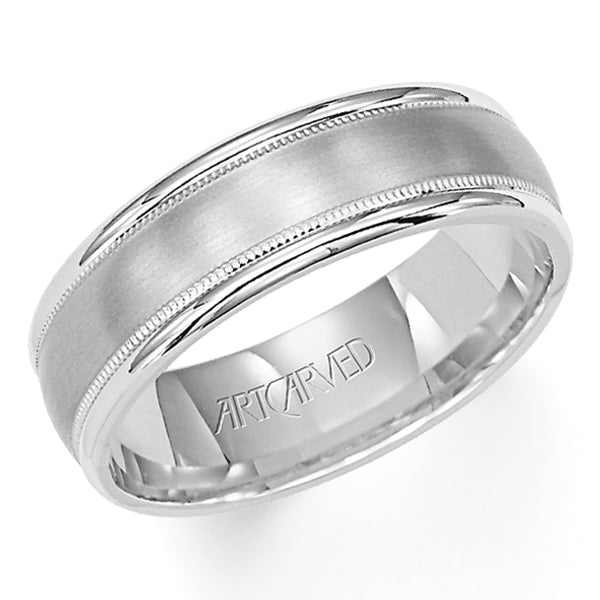 Comfort Fit wedding band with brushed finish, milgrain and rolled edges