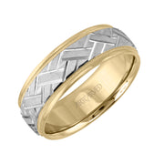 Comfort Fit wedding band with engraved design on a white insert, and yellow rolled edges with milgrain finish