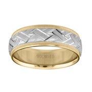 Comfort Fit wedding band with engraved design on a white insert, and yellow rolled edges with milgrain finish