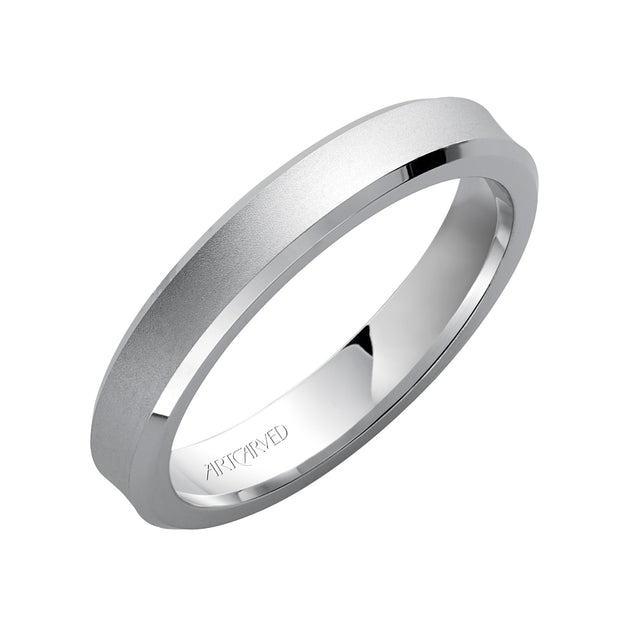 Comfort Fit, engraved wedding band with beveled edges and satin finish