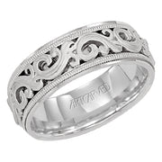 Comfort Fit wedding band with intricate, engraved scroll design, milgrain and flat edges