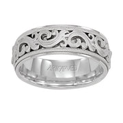 Comfort Fit wedding band with intricate, engraved scroll design, milgrain and flat edges