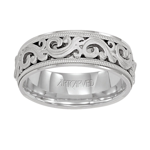 Comfort Fit wedding band with intricate, engraved scroll design, milgrain and flat edges