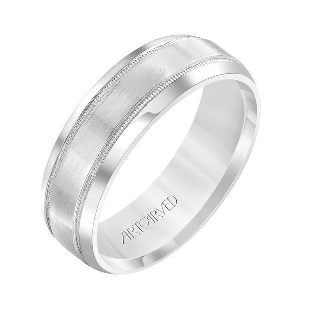 Comfort Fit wedding band with brushed finish, milgrain and rolled edges