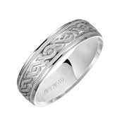 Comfort Fit, engraved wedding band with milgrain detail and flat edgess