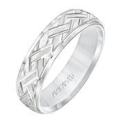 Comfort Fit wedding band with criss-cross engraved design and stepped edge