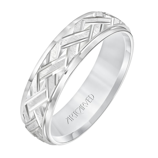 Comfort Fit wedding band with criss-cross engraved design and stepped edge