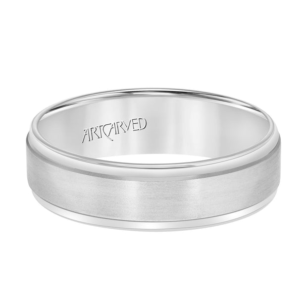 Comfort Fit wedding band with horizontal brushed finish and bright, rolled edges