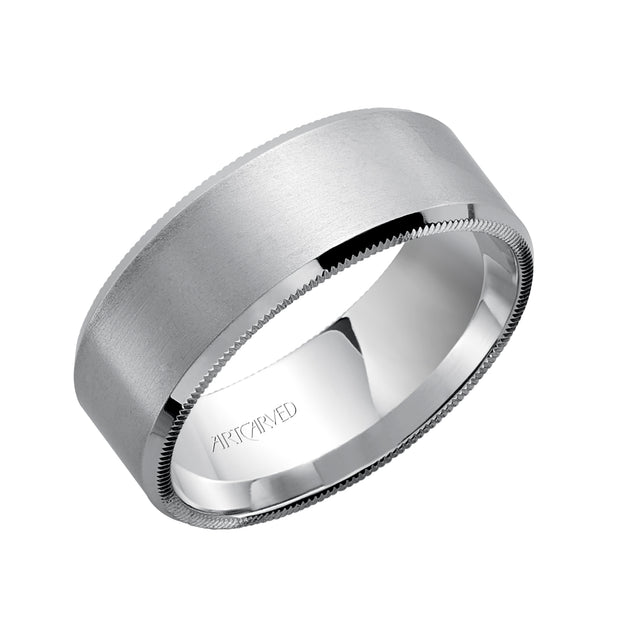 Comfort Fit, engraved wedding band with satin finish and detailed edges