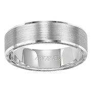Comfort Fit, engraved wedding band with satin finish and detailed edges