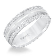 Mens wedding band with satin finish and milgrain edge, rope treatment on top and the sides with flat profile.