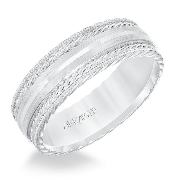 Mens wedding band with satin finish and milgrain edge, rope treatment on top and the sides with flat profile.